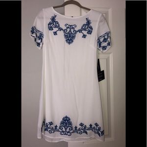 Tale to Tell Blue and Ivory Embroidered ShiftDress